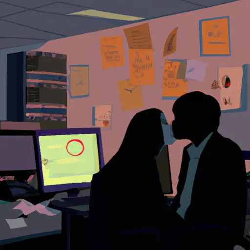An image capturing the clandestine romance of dating your boss: dimly lit office, a stolen kiss amidst scattered papers, their silhouettes framed by the glow of a computer screen
