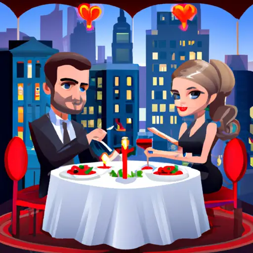 An image showcasing a sophisticated couple enjoying a candlelit dinner at an upscale restaurant, surrounded by a vibrant cityscape