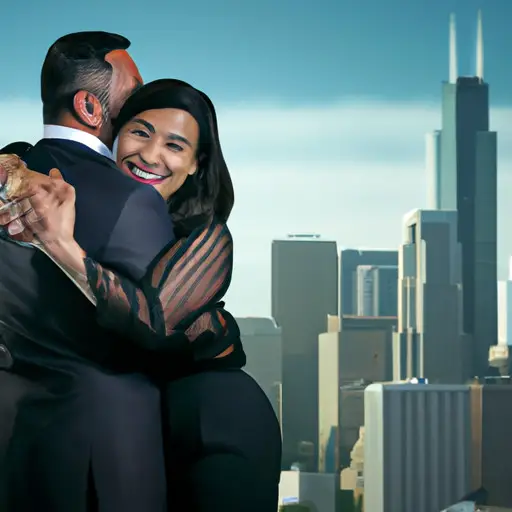 An image featuring a joyful couple in formal attire, happily embracing against a city skyline backdrop