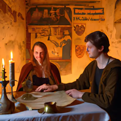 An image showcasing a couple sitting at a candle-lit table in a medieval castle, surrounded by historical artifacts