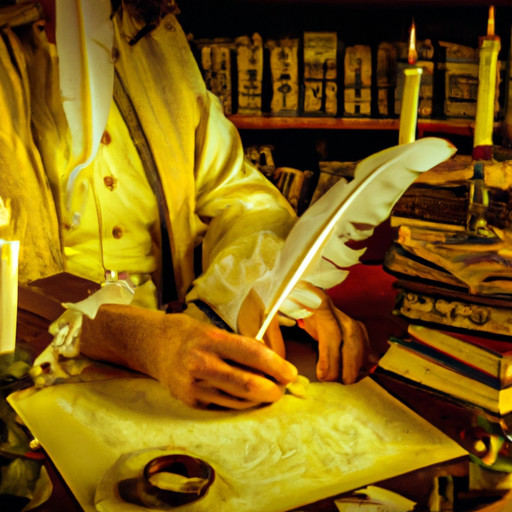 An image of a person dressed in historical attire, holding a quill pen, writing their dating profile on parchment paper, surrounded by antique books and artifacts, showcasing their passion for history