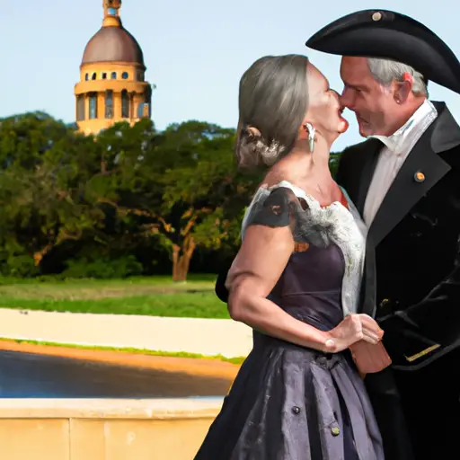 An image showcasing a couple dressed elegantly in historical attire, sharing a passionate embrace in front of a picturesque historical landmark, capturing the essence of success stories for history-loving individuals on dating sites
