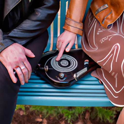 An image of a couple sitting at a park bench, holding hands, with a vintage vinyl record player beside them