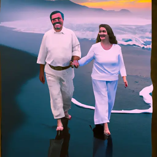 An image capturing the essence of a mature couple strolling hand in hand along a serene beach at sunset, their faces radiating genuine joy and deep connection, symbolizing the profound bond that can be nurtured in relationships with a significant age difference