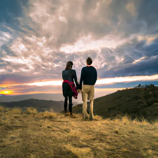 An image of a couple standing on a mountaintop, gazing at a vast horizon filled with intertwining paths