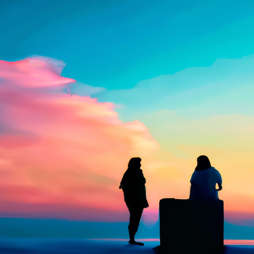 An image depicting two silhouettes sitting together on a serene beach at sunset, engrossed in conversation
