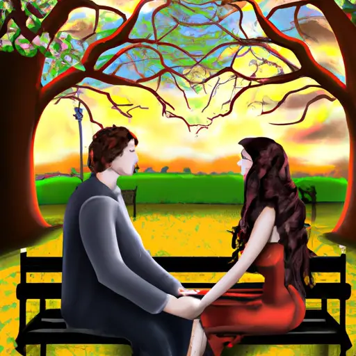 An image of a couple sitting on a park bench at sunset, holding hands and gazing into each other's eyes, surrounded by a picturesque landscape