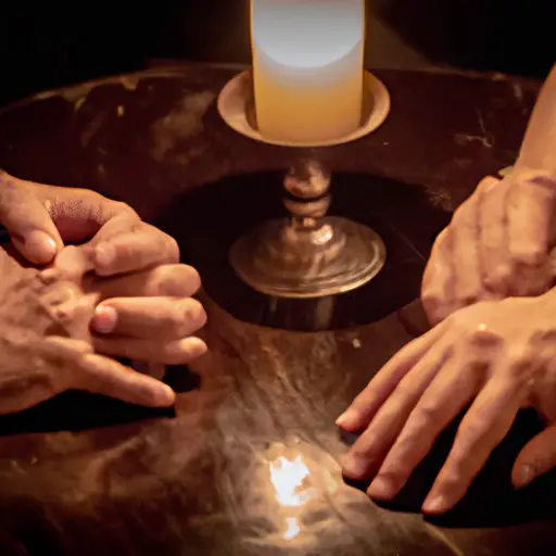 An image of two people sitting across from each other at a candle-lit table, their hands intertwined, as they engage in deep conversation, their expressions reflecting curiosity and introspection