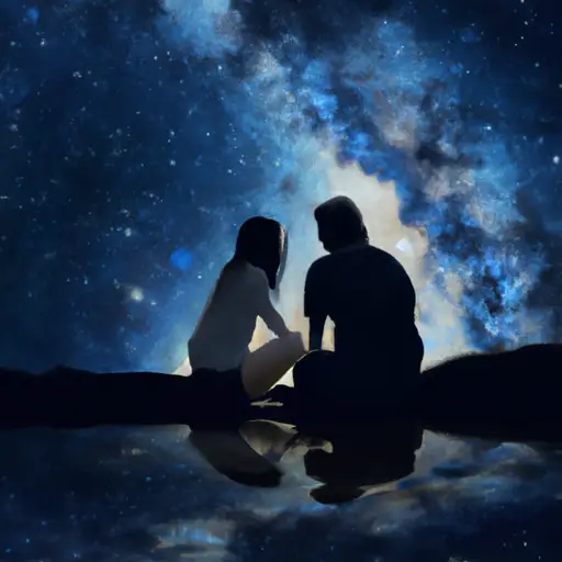 An image of a couple sitting under a starry night sky, holding hands and looking into each other's eyes