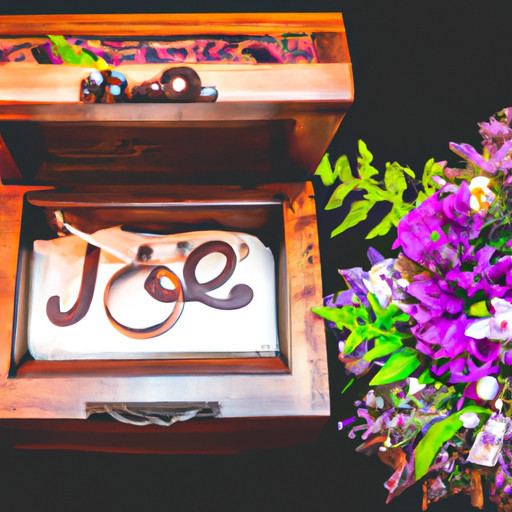 An image showcasing a beautifully crafted wooden jewelry box, adorned with intricate carvings of the couple's initials and wedding date, surrounded by delicate flowers and a pair of intertwined wedding rings