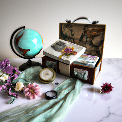 An image showcasing a beautifully wrapped vintage suitcase filled with travel-themed gifts, such as a world map journal, passport holder, compass, and a small globe, all surrounded by delicate flowers