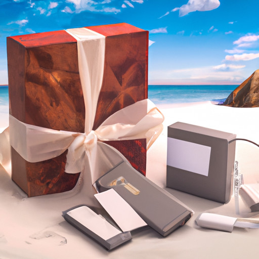 An image showcasing a beautifully wrapped gift box containing a set of elegant, personalized luggage tags, a compact travel steamer, and a handy portable charger, all nestled on a sandy beach backdrop