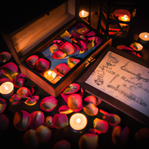 An image showcasing a beautifully adorned vintage wooden box with delicate calligraphy, filled with love letters from guests to the couple, surrounded by fragrant rose petals and flickering candlelight