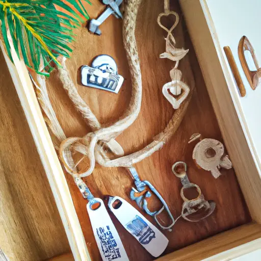 An image of a rustic wooden box filled with small, personalized beach-themed trinkets, such as seashell keychains, flip-flop bottle openers, and miniature palm tree magnets, as unique and thoughtful gifts for destination wedding guests