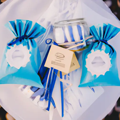 An image showcasing a beach-themed gift table adorned with seashell-inspired candle holders, personalized luggage tags, and mini sunscreen bottles, all wrapped in vibrant ribbons, highlighting delightful budget-friendly destination wedding guest gift options