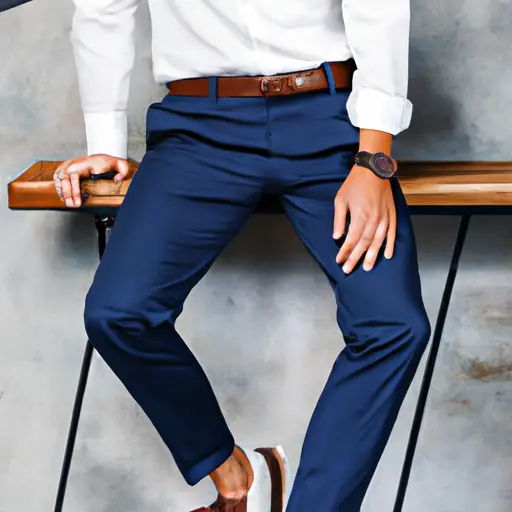 An image that showcases a stylish man on a dinner date, wearing perfectly tailored slim-fit navy blue pants, paired with a crisp white dress shirt, a sleek black leather belt, and polished brown leather shoes