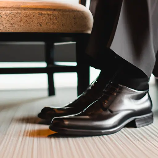  an image of a sophisticated man's feet elegantly clad in sleek black leather oxford shoes, adding a touch of class to his dapper dinner date outfit