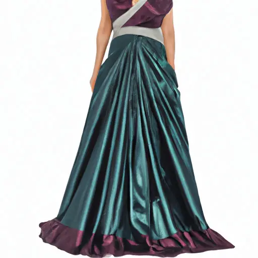 An image showcasing a sophisticated and glamorous evening gown, featuring a flowing floor-length skirt in a deep jewel tone, adorned with intricate beading and a plunging neckline, perfect for a memorable dinner affair