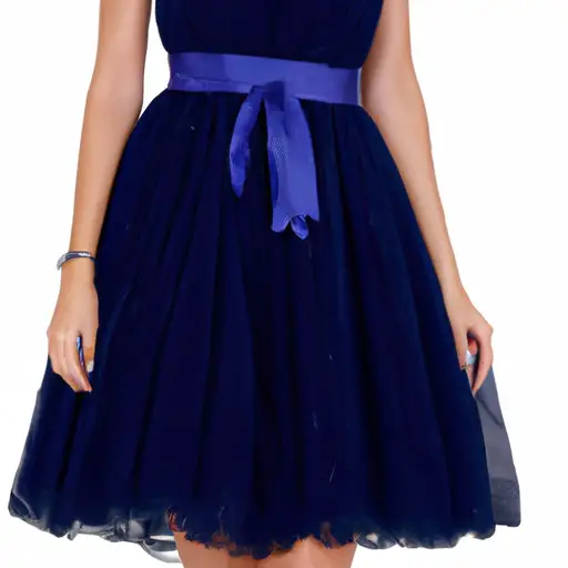 An image showcasing a glamorous, knee-length, midnight blue cocktail dress