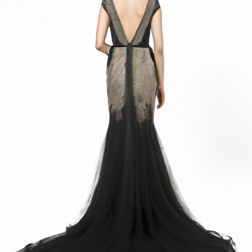 An image showcasing an elegantly tailored, floor-length black gown adorned with delicate lace detailing