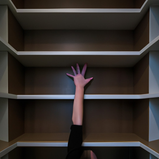 An image capturing the struggle of a short person trying to reach a high shelf, with outstretched arms barely reaching the edge, highlighting the limited reach and accessibility challenges they face