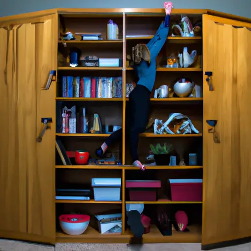 An image showcasing the struggles of being short, depicting a person straining to reach a high shelf stacked with unreachable items