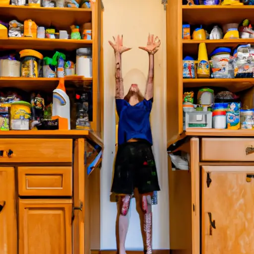 An image that portrays the struggles of being short: a towering grocery shelf full of unreachable items, a high kitchen countertop making meal preparation challenging, and a tall person easily reaching for something on a top shelf