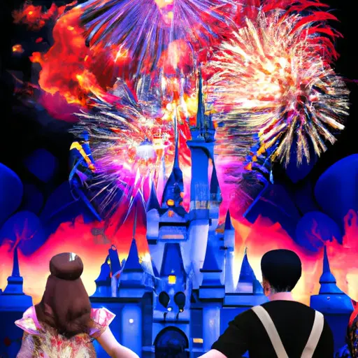 An image featuring a couple holding hands, surrounded by a whimsical Disney-inspired world