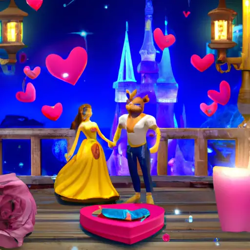 An image of a couple holding hands on a starlit balcony, surrounded by iconic Disney couples from movies like Cinderella, Aladdin, and Beauty and the Beast, showcasing the top 10 romantic Disney-inspired gifts for your special day