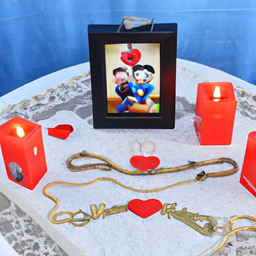 An image depicting a couple at a candlelit table adorned with Mickey and Minnie-themed anniversary gifts, including a heart-shaped necklace, a Cinderella castle charm bracelet, and a personalized photo frame