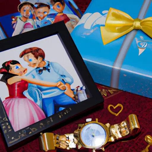 An image showcasing a couple in a romantic setting, exchanging beautifully wrapped Disney-themed anniversary gifts