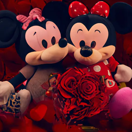 An enchanting image showcasing a pair of Mickey and Minnie Mouse plush toys, nestled amidst a sea of vibrant red roses