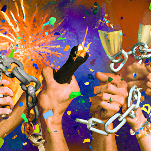 An image depicting a joyous scene: a group of friends toasting with champagne, confetti raining down, and a symbolic broken chain in the background, emphasizing the newfound freedom and reasons to celebrate after a divorce