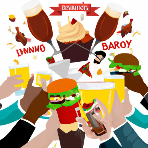 An image featuring a group of men toasting with craft beers and enjoying a mouthwatering spread of juicy burgers, spicy wings, loaded nachos, and a variety of decadent desserts at a divorce party