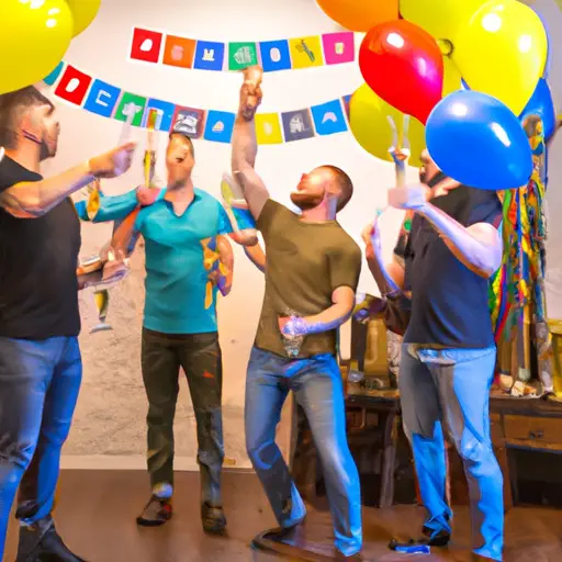 Nt image showcasing a group of male friends toasting with champagne glasses in a stylishly decorated room, adorned with balloons, streamers, and a banner that reads "Freedom Celebration