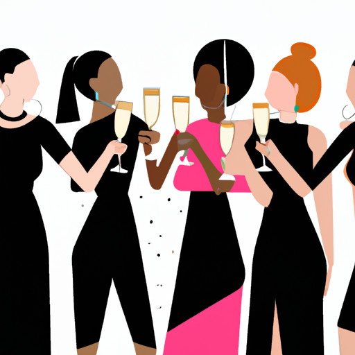 An image that showcases a group of stylish, empowered women at a divorce party, wearing chic black dresses with pops of vibrant colors, accessorized with statement jewelry, confident smiles, and clinking glasses of champagne