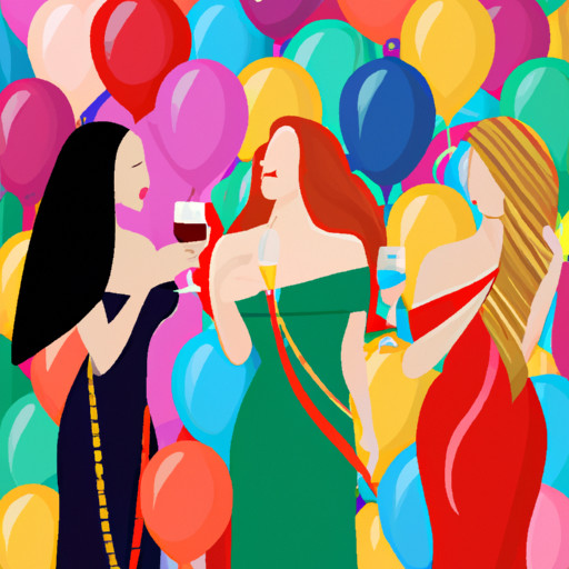 An image showcasing vibrant, confident women at a divorce party, donning elegant cocktail dresses in various colors, raising glasses of champagne, surrounded by festive decorations and a backdrop of celebratory balloons