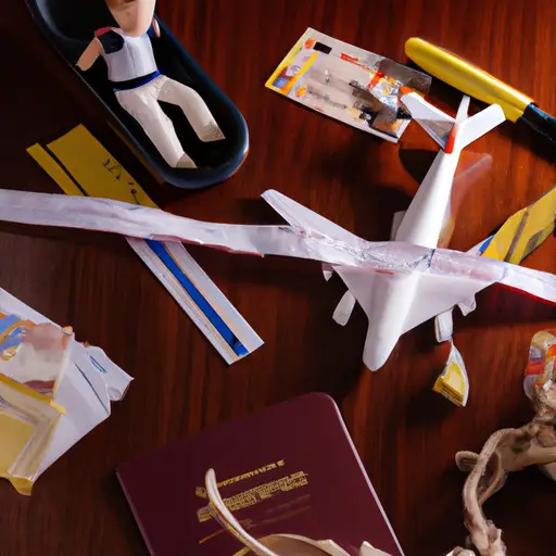 An image depicting a pilot sitting alone beside an empty dinner table, surrounded by scattered airline tickets, a neglected passport, and a broken toy airplane