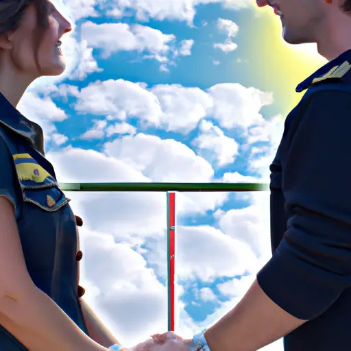 An image of a pilot and their partner holding hands, gazing at each other with love and trust, while a plane soars overhead, symbolizing the challenges faced by pilots and their strategies for maintaining healthy relationships
