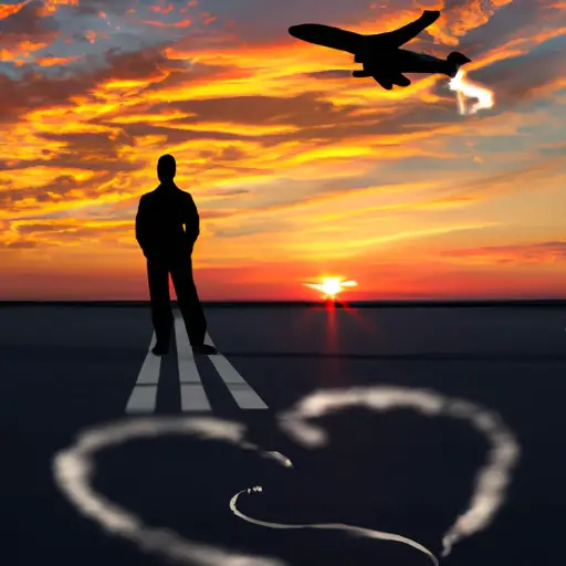 An image showcasing a pilot's silhouette in front of a setting sun, their shadow elongating across a deserted tarmac