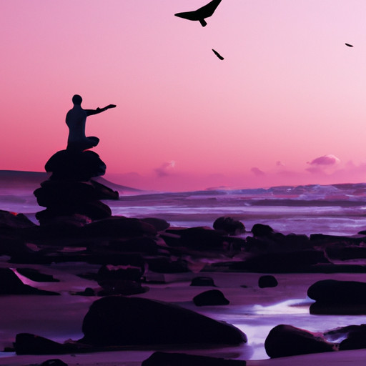 An image capturing a serene beach sunset, with a solitary figure peacefully meditating on a rock, symbolizing emotional resilience and self-care amidst the storm of a narcissistic divorce