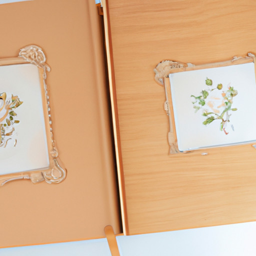 An image of a beautifully crafted wooden photo album adorned with delicate floral patterns and engraved with the couple's initials