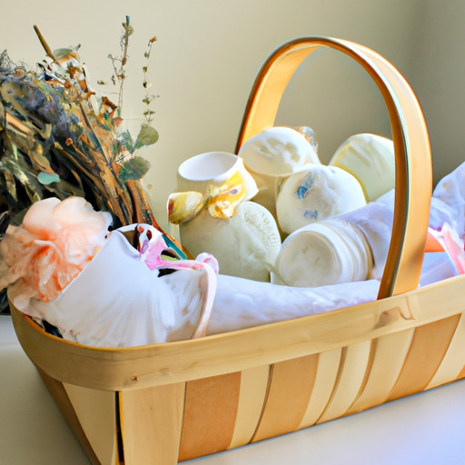 An image showcasing a beautifully decorated wicker basket filled with homemade spa essentials, including scented bath bombs, organic face masks, luxurious body scrubs, fluffy towels, and a delicate bouquet of dried flowers