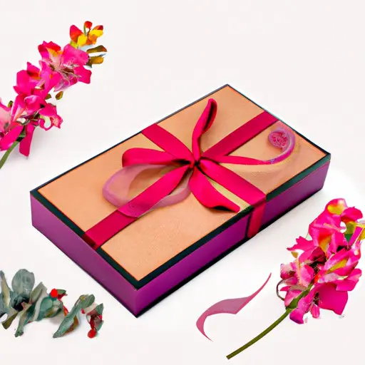 An image showcasing an elegantly wrapped box adorned with a handmade bow, nestled in a bed of vibrant, fragrant flowers
