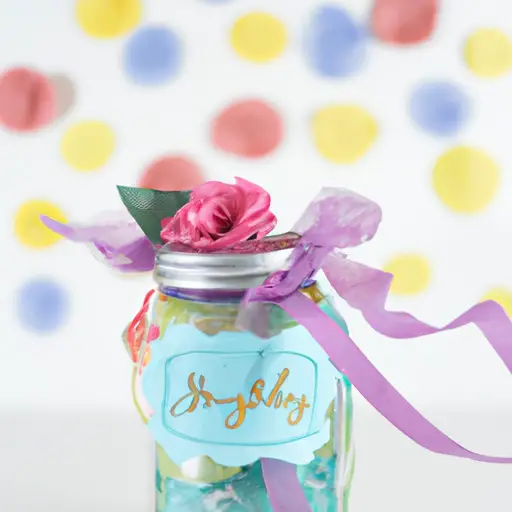 An image featuring a pastel-colored, handcrafted mason jar filled with vibrant paper flowers