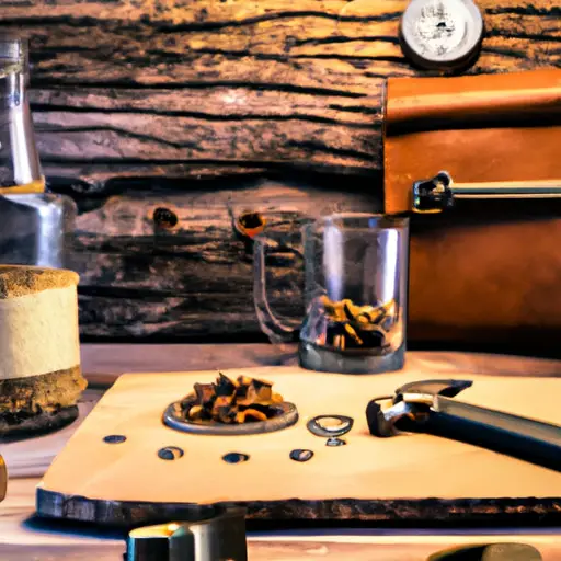 An image of a rustic wooden workbench adorned with tools, surrounded by mason jars filled with nuts, bolts, and screws