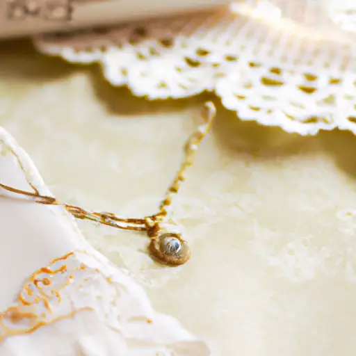 An image featuring a delicate gold necklace with an engraved pendant, adorned with a birthstone charm, nestled on a vintage lace doily