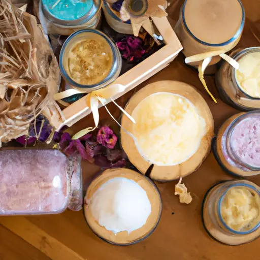 An image of a charming rustic wooden shelf adorned with beautifully handcrafted homemade beauty products such as aromatic floral bath salts, silky body butters, and colorful exfoliating scrubs, showcasing the perfect gift ideas for women