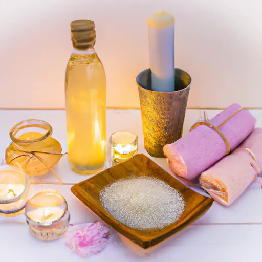 An image showcasing a beautifully arranged wooden tray adorned with a selection of homemade spa essentials: fragrant bath salts, luxurious body oils, fluffy towels, a delicate scented candle, and a jar of exfoliating sugar scrub