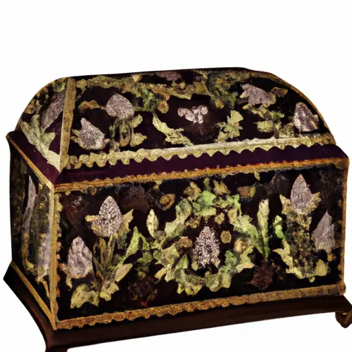 An image showcasing an elegant, handcrafted jewelry box made of mahogany and lined with soft velvet, adorned with delicate, gold-trimmed handles and intricate floral carvings